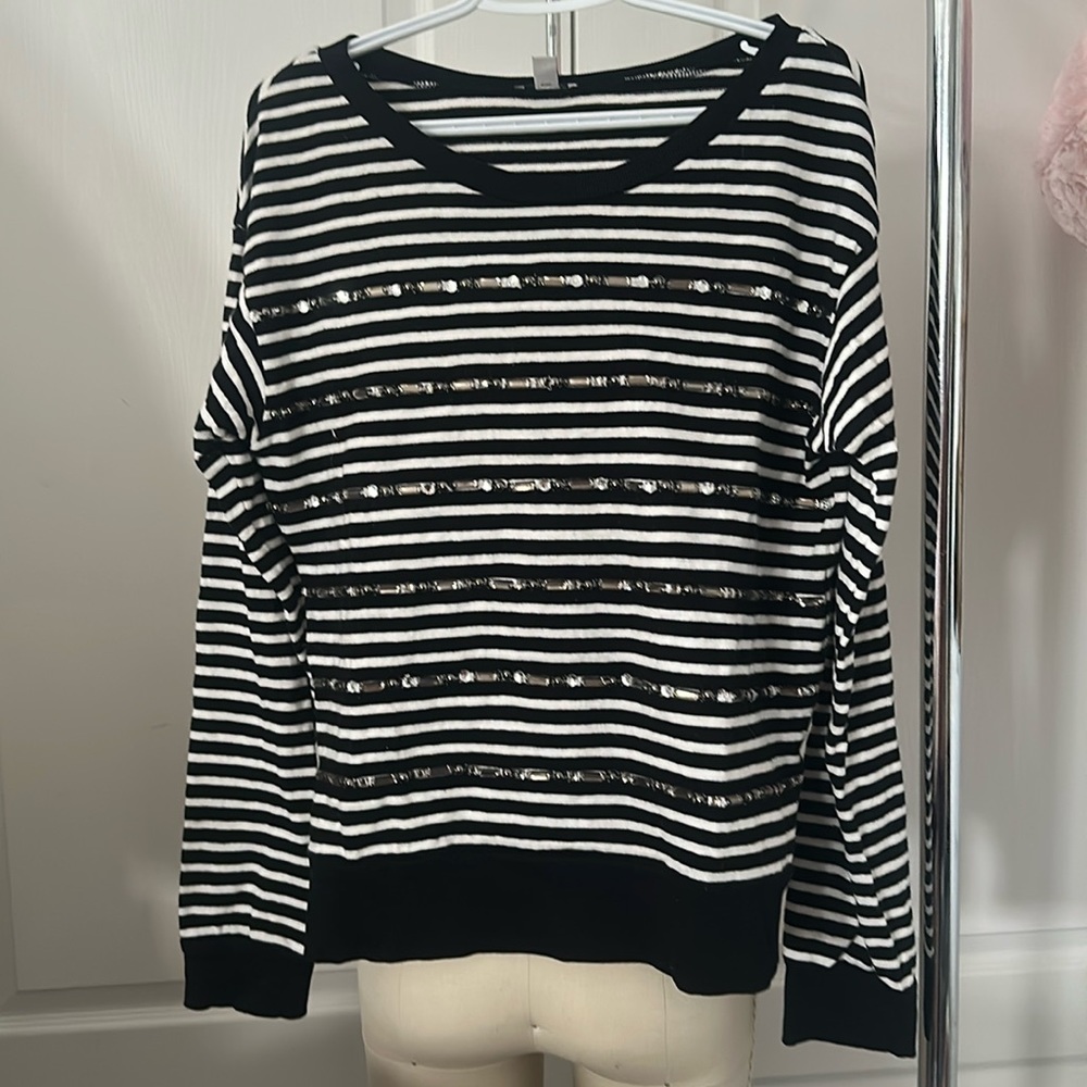 Halogen Black White Beaded Embellished Long Sleeve Sweater Size L